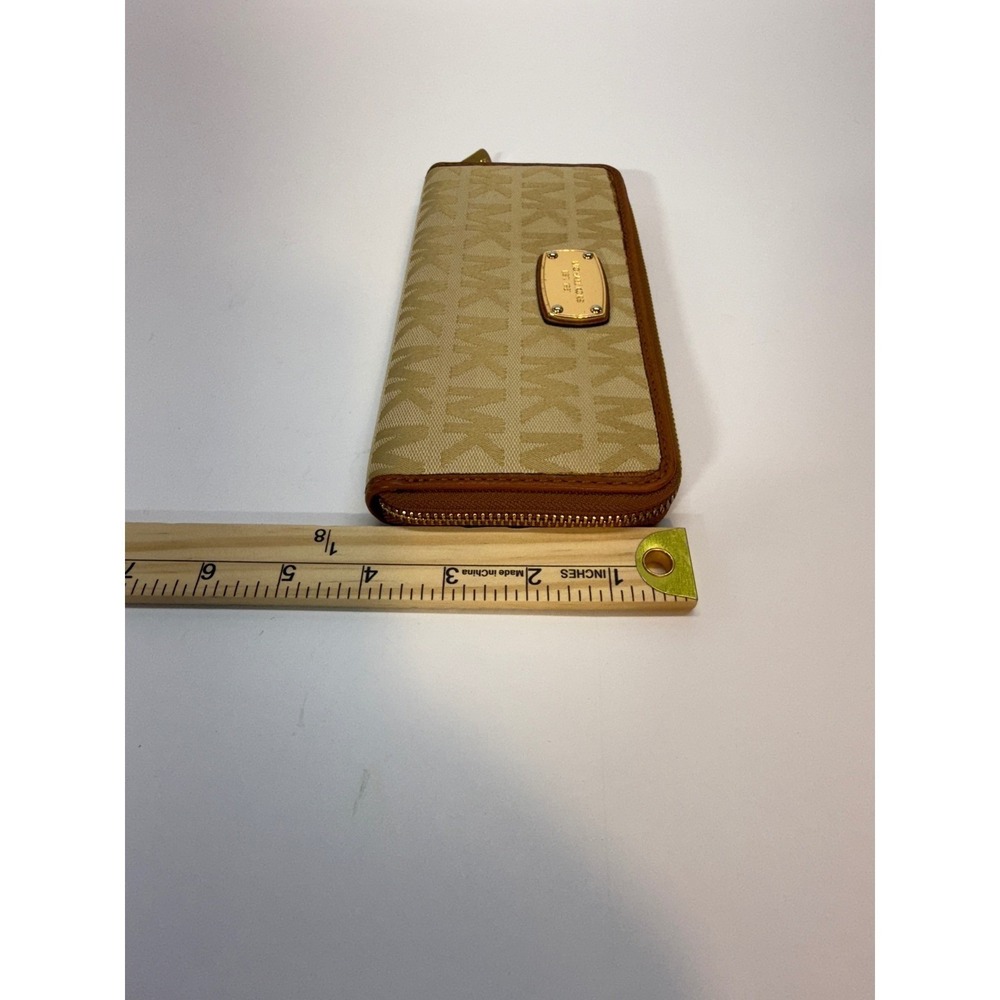 Michael Kors MK Signature Zip Around Continental Wallet Tan Beige Gold Tone Logo - Picture 4 of 11